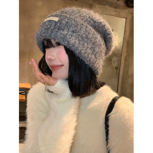灰色毛線帽女秋冬季寬松大頭圍毛絨針織堆堆帽顯臉小保暖羊毛帽子 灰色毛線帽女秋冬季寬松大頭圍毛絨針織堆堆帽顯臉小保暖羊毛帽子