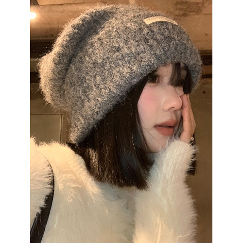 灰色毛線帽女秋冬季寬松大頭圍毛絨針織堆堆帽顯臉小保暖羊毛帽子 灰色毛線帽女秋冬季寬松大頭圍毛絨針織堆堆帽顯臉小保暖羊毛帽子