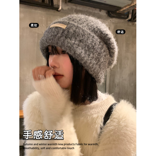 灰色毛線帽女秋冬季寬松大頭圍毛絨針織堆堆帽顯臉小保暖羊毛帽子 灰色毛線帽女秋冬季寬松大頭圍毛絨針織堆堆帽顯臉小保暖羊毛帽子