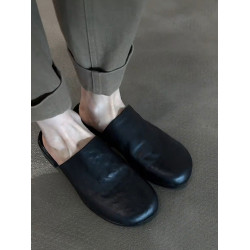 羊皮版~真皮簡約平底一腳蹬外穿包頭半拖鞋女百搭黑色穆勒鞋涼拖