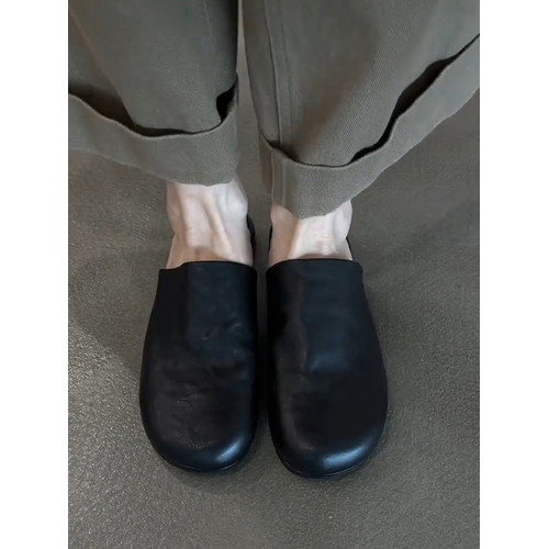 羊皮版~真皮簡約平底一腳蹬外穿包頭半拖鞋女百搭黑色穆勒鞋涼拖 羊皮版~真皮簡約平底一腳蹬外穿包頭半拖鞋女百搭黑色穆勒鞋涼拖