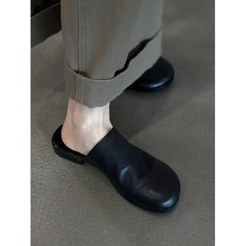 羊皮版~真皮簡約平底一腳蹬外穿包頭半拖鞋女百搭黑色穆勒鞋涼拖 羊皮版~真皮簡約平底一腳蹬外穿包頭半拖鞋女百搭黑色穆勒鞋涼拖