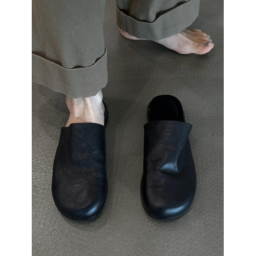 羊皮版~真皮簡約平底一腳蹬外穿包頭半拖鞋女百搭黑色穆勒鞋涼拖 羊皮版~真皮簡約平底一腳蹬外穿包頭半拖鞋女百搭黑色穆勒鞋涼拖