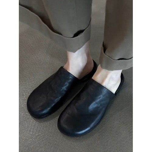 羊皮版~真皮簡約平底一腳蹬外穿包頭半拖鞋女百搭黑色穆勒鞋涼拖 羊皮版~真皮簡約平底一腳蹬外穿包頭半拖鞋女百搭黑色穆勒鞋涼拖