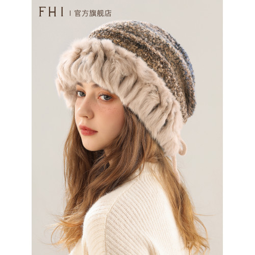 FHI秋冬季新款兔毛帽女加厚保暖毛絨針織帽護耳顯臉小包頭堆堆帽 FHI秋冬季新款兔毛帽女加厚保暖毛絨針織帽護耳顯臉小包頭堆堆帽