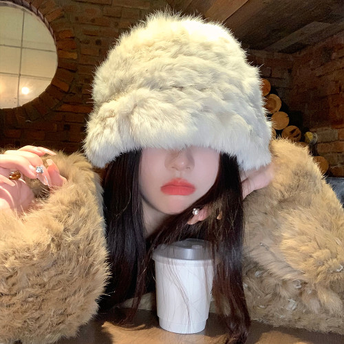 兔毛漁夫帽女秋冬季2025新款顯臉小毛絨帽保暖護耳白色毛毛帽子潮 兔毛漁夫帽女秋冬季2025新款顯臉小毛絨帽保暖護耳白色毛毛帽子潮