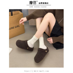 灰色呢子厚底內增高勃肯鞋加絨包頭毛毛拖鞋外穿2025新款秋冬棉拖