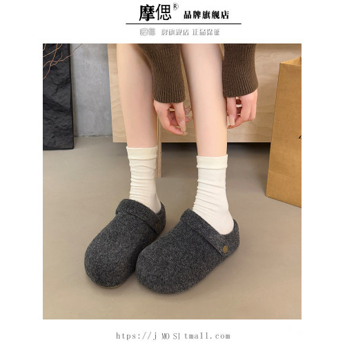 灰色呢子厚底內增高勃肯鞋加絨包頭毛毛拖鞋外穿2025新款秋冬棉拖