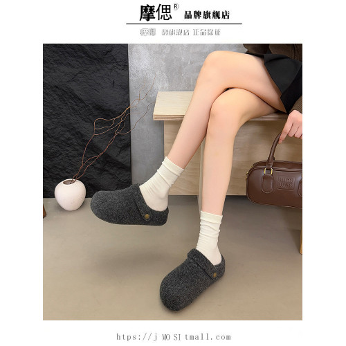 灰色呢子厚底內增高勃肯鞋加絨包頭毛毛拖鞋外穿2025新款秋冬棉拖