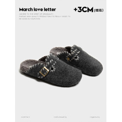 厚底灰色毛呢勃肯鞋半拖女外穿2025秋季新款包頭棉拖鞋加絨毛毛拖