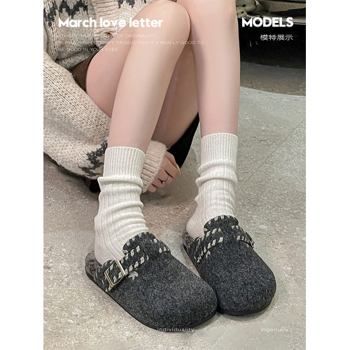 厚底灰色毛呢勃肯鞋半拖女外穿2025秋季新款包頭棉拖鞋加絨毛毛拖 厚底灰色毛呢勃肯鞋半拖女外穿2025秋季新款包頭棉拖鞋加絨毛毛拖