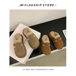 包頭半拖鞋女外穿加絨勃肯鞋2025秋冬新款厚底羊羔絨雪地靴棉拖鞋