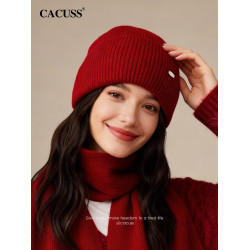 CACUSS純羊毛帽子女秋冬季針織帽大頭圍保暖毛線帽護耳包頭帽禮盒