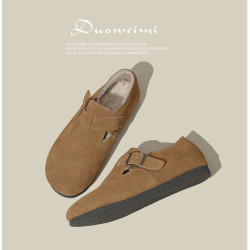 真皮博肯鞋秋冬加絨毛毛鞋2025平底復古勃肯鞋小碼大碼女鞋41一43