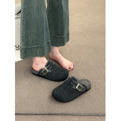 復古呢子包頭半拖鞋女外穿2025秋冬新款一腳蹬厚底加絨毛氈勃肯鞋