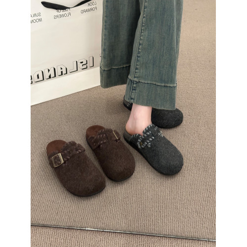 復古呢子包頭半拖鞋女外穿2025秋冬新款一腳蹬厚底加絨毛氈勃肯鞋