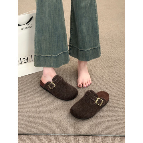 復古呢子包頭半拖鞋女外穿2025秋冬新款一腳蹬厚底加絨毛氈勃肯鞋