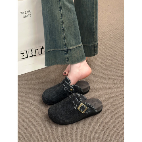 復古呢子包頭半拖鞋女外穿2025秋冬新款一腳蹬厚底加絨毛氈勃肯鞋