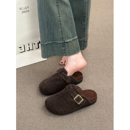 復古呢子包頭半拖鞋女外穿2025秋冬新款一腳蹬厚底加絨毛氈勃肯鞋