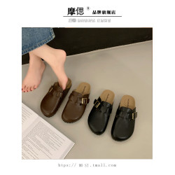 真皮厚底勃肯鞋包頭半拖鞋女外穿2025新款秋季一腳蹬醜萌博肯半托