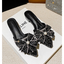 2025新款包頭半拖鞋女夏外穿時尚水鑽尖頭粗跟穆勒懶人休閒涼拖鞋