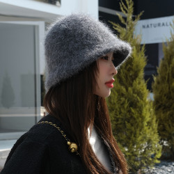 秋冬安哥拉兔毛混羊毛懶人素顔神器顯臉小 盆帽不掉毛帽子女保暖