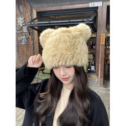 可愛小熊真兔毛帽子秋冬毛線帽加厚防寒包頭帽保暖毛絨皮草毛毛帽