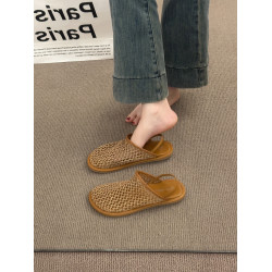 晚晚風小衆編織網紗透氣包頭涼鞋女2025新款夏季平底仙女風勃肯鞋