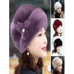 水貂毛帽子女冬季新款時尚百搭媽媽款仿皮草禮帽保暖加厚護耳帽子