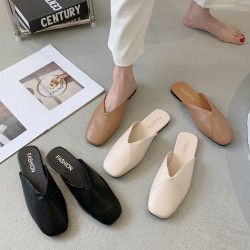 韓版方頭包頭半拖鞋女夏外穿2025新款復古軟平底一腳蹬穆勒鞋涼拖
