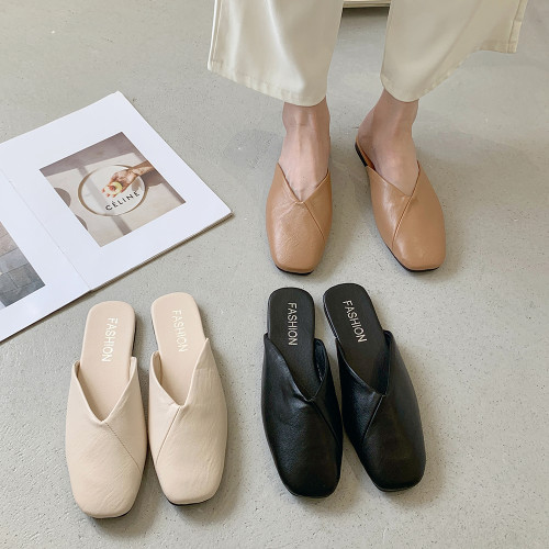 韓版方頭包頭半拖鞋女夏外穿2025新款復古軟平底一腳蹬穆勒鞋涼拖 韓版方頭包頭半拖鞋女夏外穿2025新款復古軟平底一腳蹬穆勒鞋涼拖