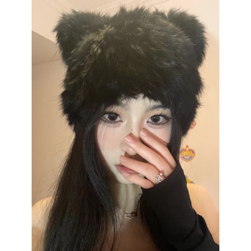 黑色小熊耳朵兔毛帽子女秋冬可愛毛毛絨包頭帽防寒保暖針織帽皮草 黑色小熊耳朵兔毛帽子女秋冬可愛毛毛絨包頭帽防寒保暖針織帽皮草