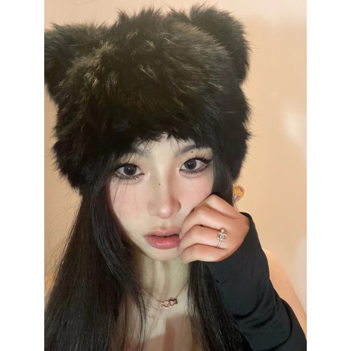 黑色小熊耳朵兔毛帽子女秋冬可愛毛毛絨包頭帽防寒保暖針織帽皮草 黑色小熊耳朵兔毛帽子女秋冬可愛毛毛絨包頭帽防寒保暖針織帽皮草