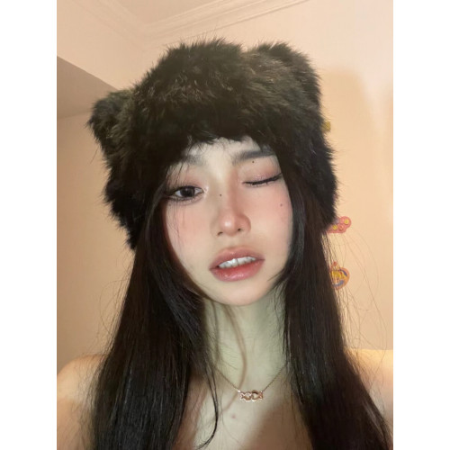 黑色小熊耳朵兔毛帽子女秋冬可愛毛毛絨包頭帽防寒保暖針織帽皮草 黑色小熊耳朵兔毛帽子女秋冬可愛毛毛絨包頭帽防寒保暖針織帽皮草