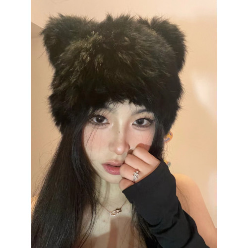 黑色小熊耳朵兔毛帽子女秋冬可愛毛毛絨包頭帽防寒保暖針織帽皮草 黑色小熊耳朵兔毛帽子女秋冬可愛毛毛絨包頭帽防寒保暖針織帽皮草