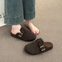 厚底灰色勃肯鞋包頭毛毛拖鞋女外穿2025新款秋冬一腳蹬半拖棉拖鞋