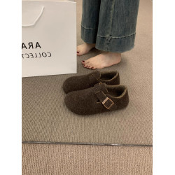 復古毛氈加絨勃肯鞋女2025秋冬新款加絨一腳蹬保暖棉鞋毛呢樂福鞋