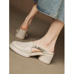 踩屎感厚底真皮包頭半拖鞋女夏季外穿圓頭一腳蹬穆勒鞋高跟涼拖鞋