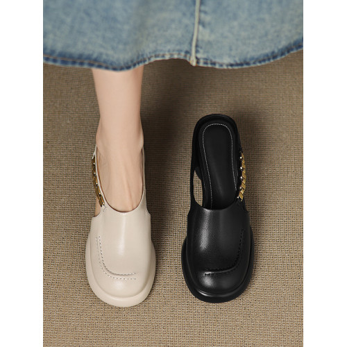 踩屎感厚底真皮包頭半拖鞋女夏季外穿圓頭一腳蹬穆勒鞋高跟涼拖鞋 踩屎感厚底真皮包頭半拖鞋女夏季外穿圓頭一腳蹬穆勒鞋高跟涼拖鞋