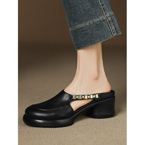 踩屎感厚底真皮包頭半拖鞋女夏季外穿圓頭一腳蹬穆勒鞋高跟涼拖鞋 踩屎感厚底真皮包頭半拖鞋女夏季外穿圓頭一腳蹬穆勒鞋高跟涼拖鞋