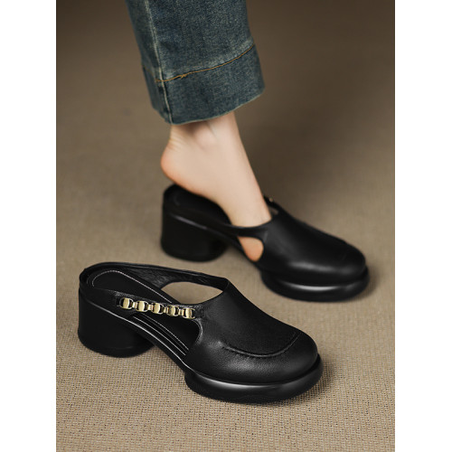 踩屎感厚底真皮包頭半拖鞋女夏季外穿圓頭一腳蹬穆勒鞋高跟涼拖鞋 踩屎感厚底真皮包頭半拖鞋女夏季外穿圓頭一腳蹬穆勒鞋高跟涼拖鞋