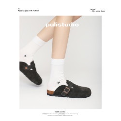 真皮軟木勃肯鞋女春秋黑色情侶男女同款大碼拖鞋外穿包頭半拖小碼