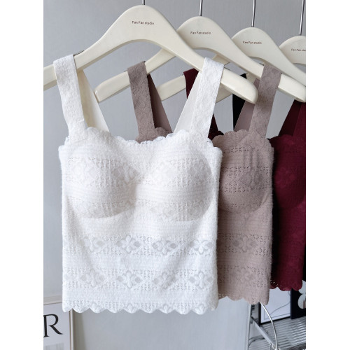 絨感雪尼爾波浪邊美背吊帶女秋冬磨毛蕾絲親膚保暖背心固定杯內衣 絨感雪尼爾波浪邊美背吊帶女秋冬磨毛蕾絲親膚保暖背心固定杯內衣