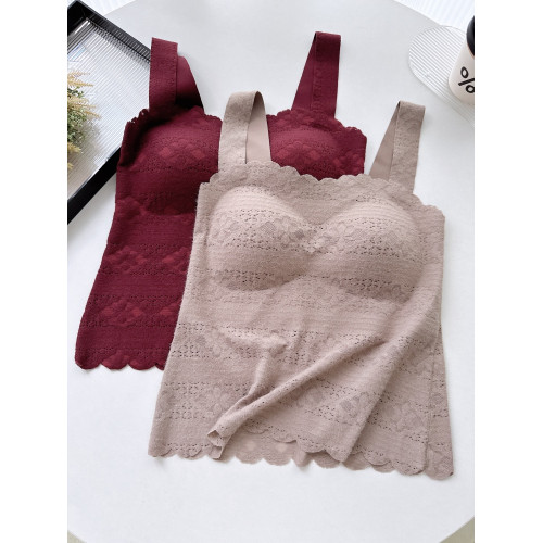 絨感雪尼爾波浪邊美背吊帶女秋冬磨毛蕾絲親膚保暖背心固定杯內衣 絨感雪尼爾波浪邊美背吊帶女秋冬磨毛蕾絲親膚保暖背心固定杯內衣