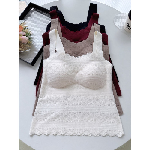 絨感雪尼爾波浪邊美背吊帶女秋冬磨毛蕾絲親膚保暖背心固定杯內衣 絨感雪尼爾波浪邊美背吊帶女秋冬磨毛蕾絲親膚保暖背心固定杯內衣