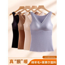 綿羊毛保暖背心女帶胸墊一體打底衫內搭無袖打底衫肌底衣秋冬新款