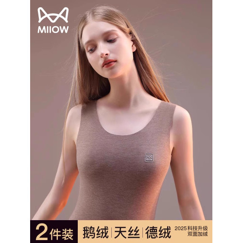 貓人女士德絨發熱保暖背心加厚無痕內穿秋衣蠶絲打底上衣冬季新款