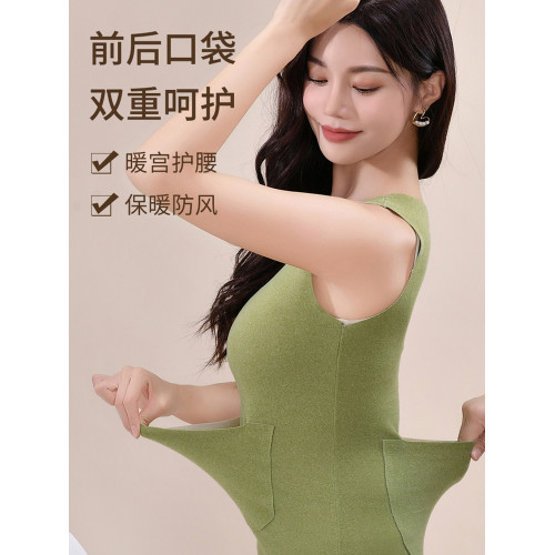 德絨髮熱無痕保暖背心女前後帶口袋雙兜護腰護肚子加絨內衣秋冬季