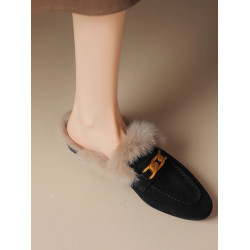 兔毛軟皮毛毛拖女外穿磨砂樂福棉拖鞋穆勒鞋2025春秋季低跟包頭拖