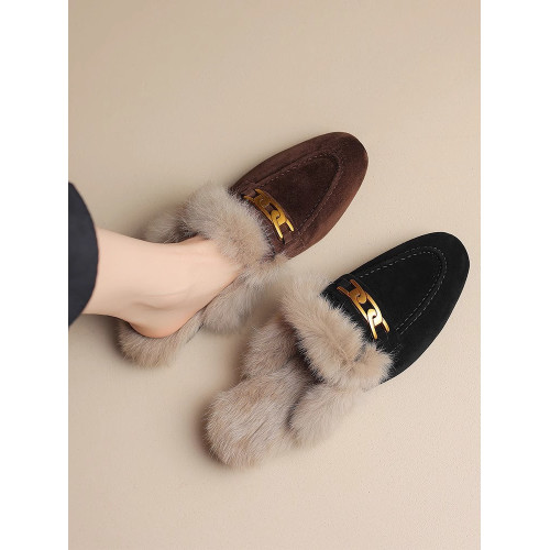 兔毛軟皮毛毛拖女外穿磨砂樂福棉拖鞋穆勒鞋2025春秋季低跟包頭拖